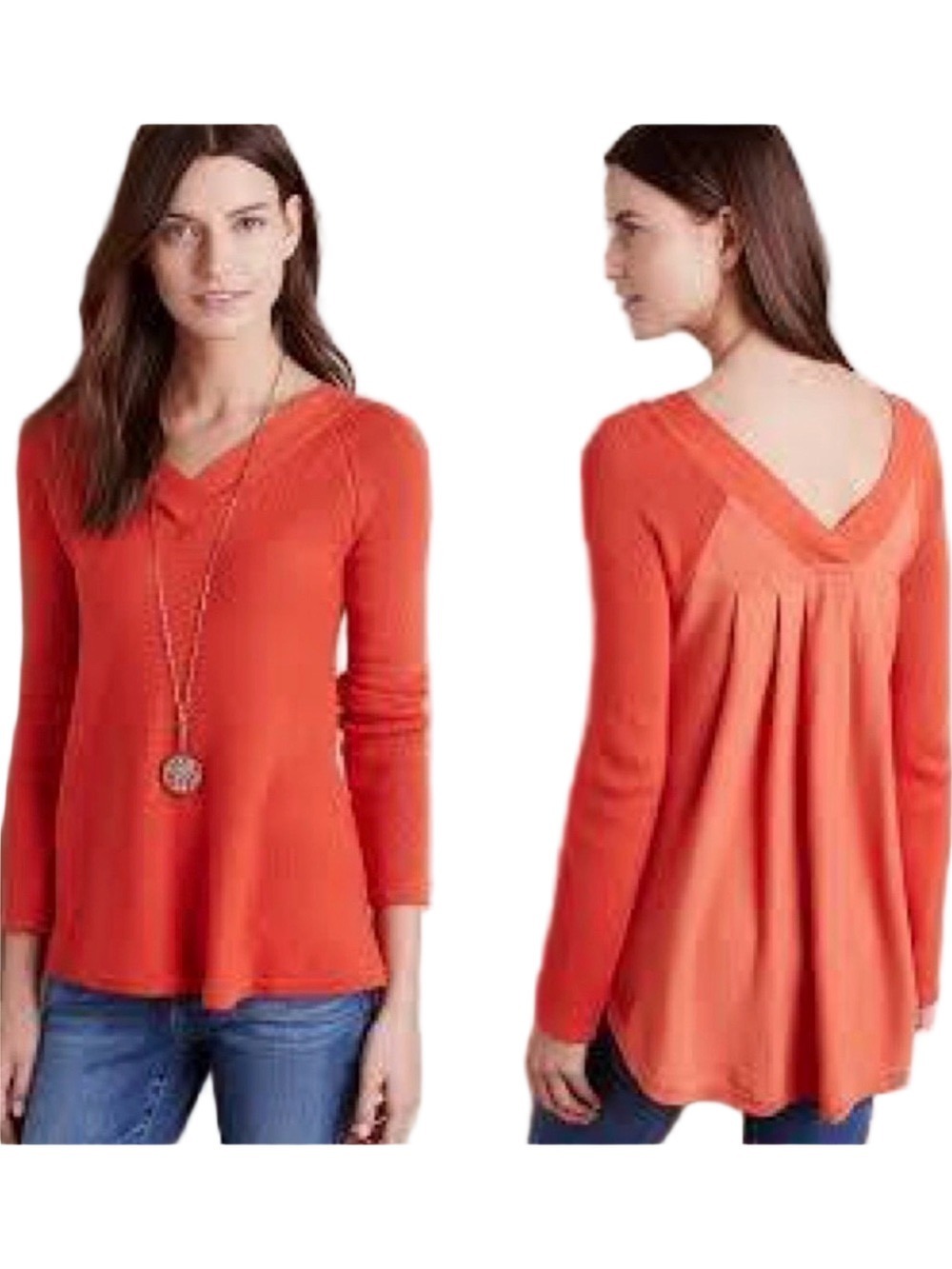 Anthropologie Knitted and Knotted V-Neck Long Sleeve Swing Top in Orange Large